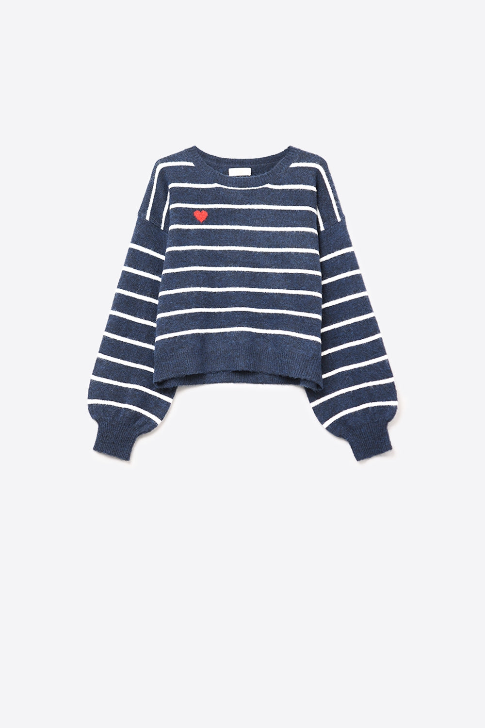 Navy striped knit sweater with red heart detail -