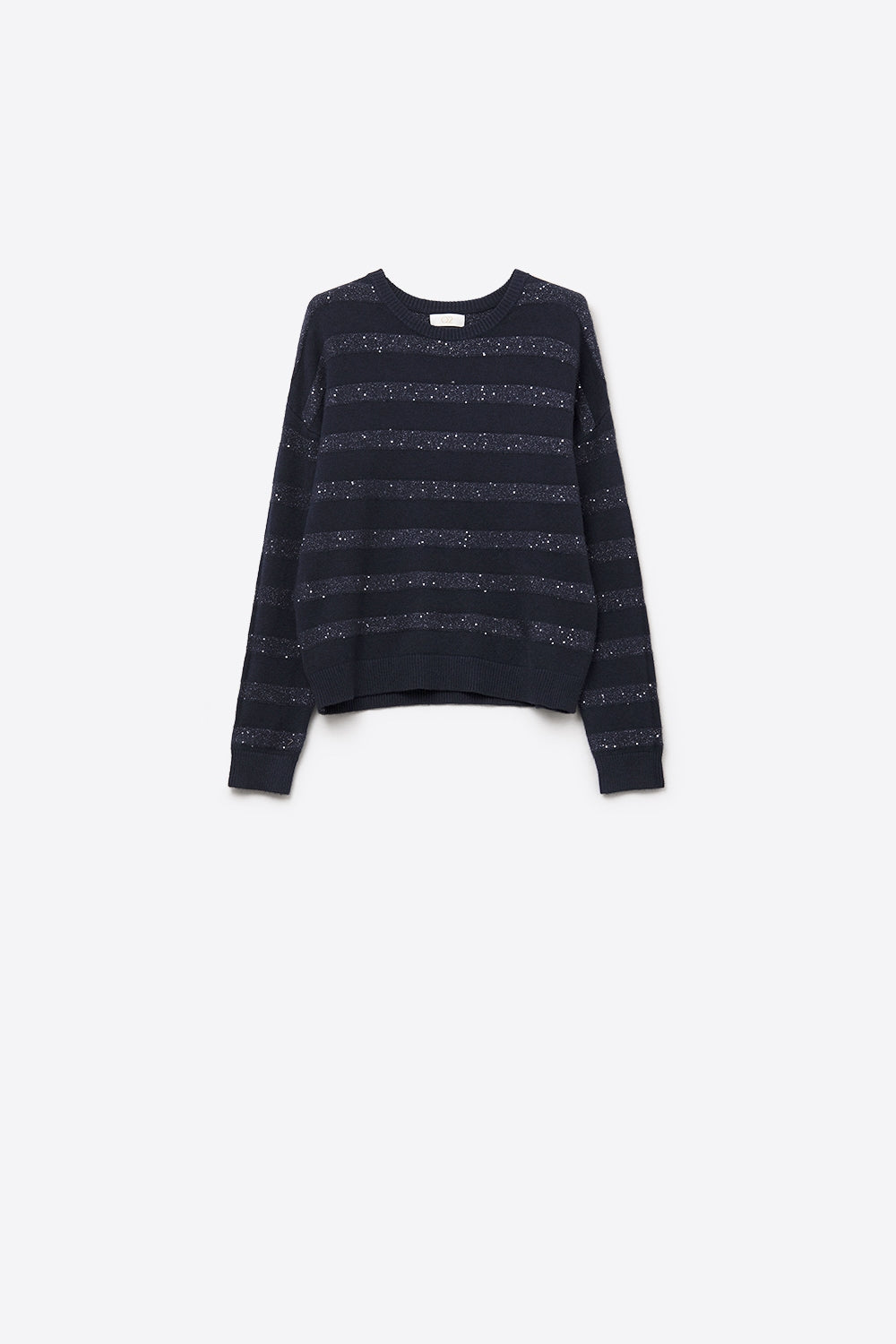 navy Striped Knit Sweater with Sequin Detail - Sweaters