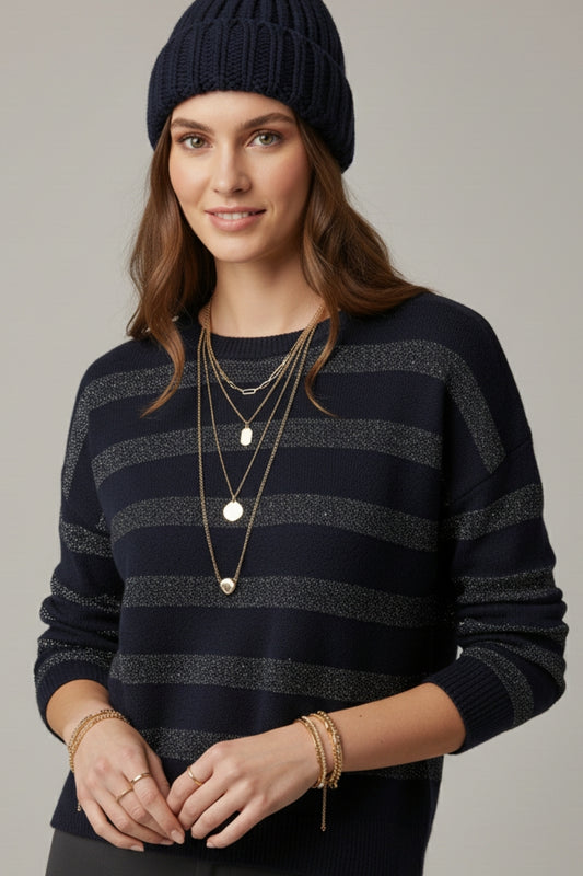 navy Striped Knit Sweater with Sequin Detail - Sweaters