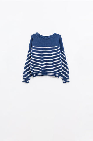 navy sweater with white stripes and boat neck