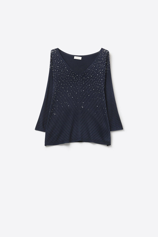 Navy V-Neck Embellished Knit Sweater Top -