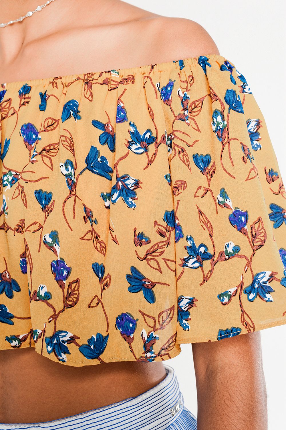 Off shoulder floral crop top in mustard - Crop Tops