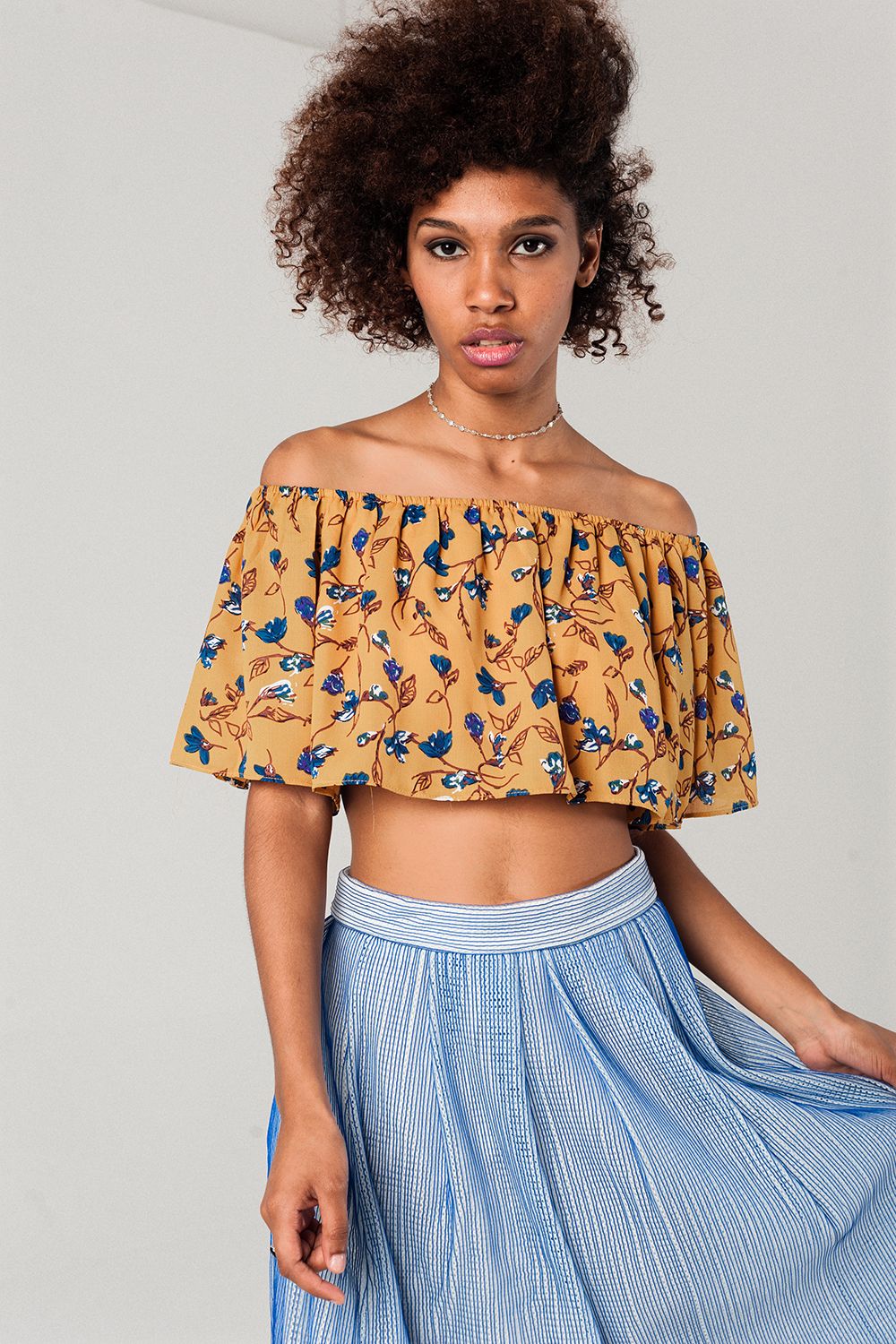 Off shoulder floral crop top in mustard - Crop Tops