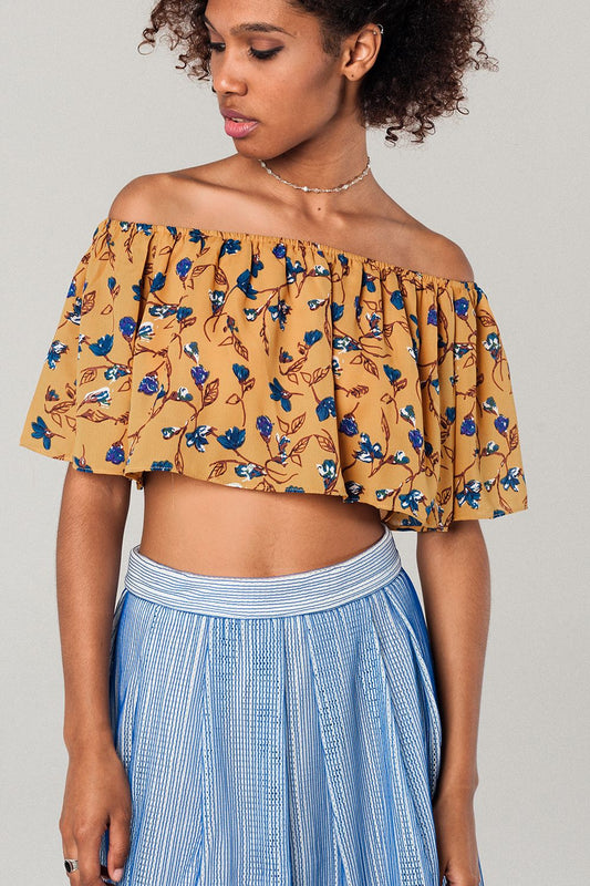 Off shoulder floral crop top in mustard - Crop Tops
