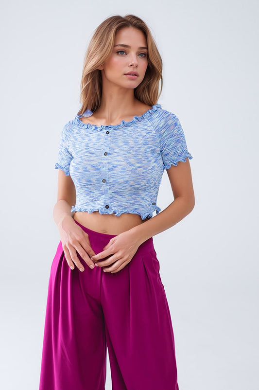 Off The Shoulder Cropped Knitted Top in Blue - Jumpers