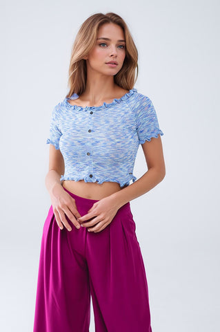 Off The Shoulder Cropped Knitted Top in Blue