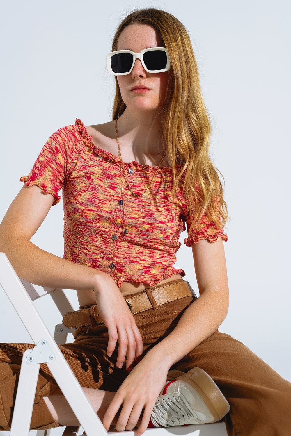 Off The Shoulder Cropped Knitted Top in Rust Melange - Jumpers