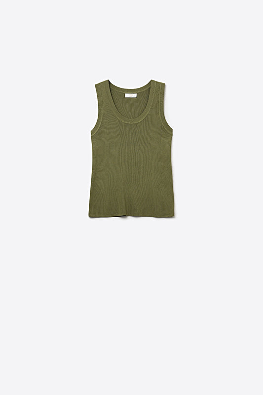 Olive Green Ribbed Knit Tank Top for Layering - Tops