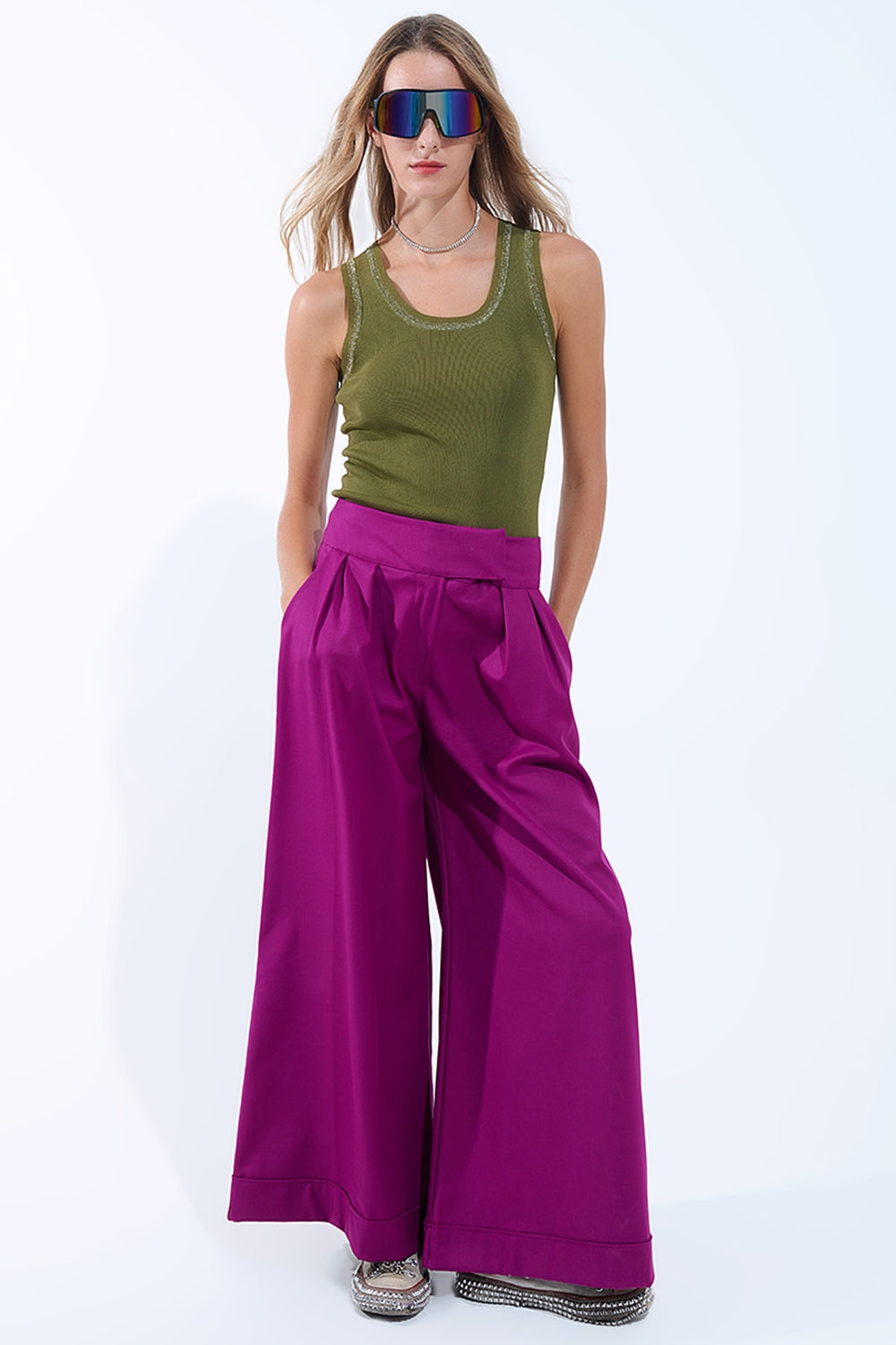 Olive Sleeveless Knit Top with Metallic Trim - Tops