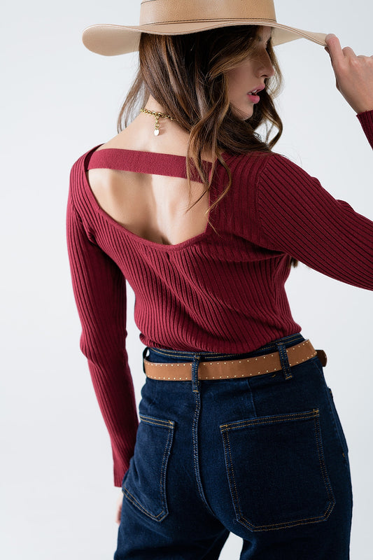 open back burgundy ribbed sweater - Jumpers
