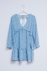 Mini robe de thé dos nu à fleurs bleues
