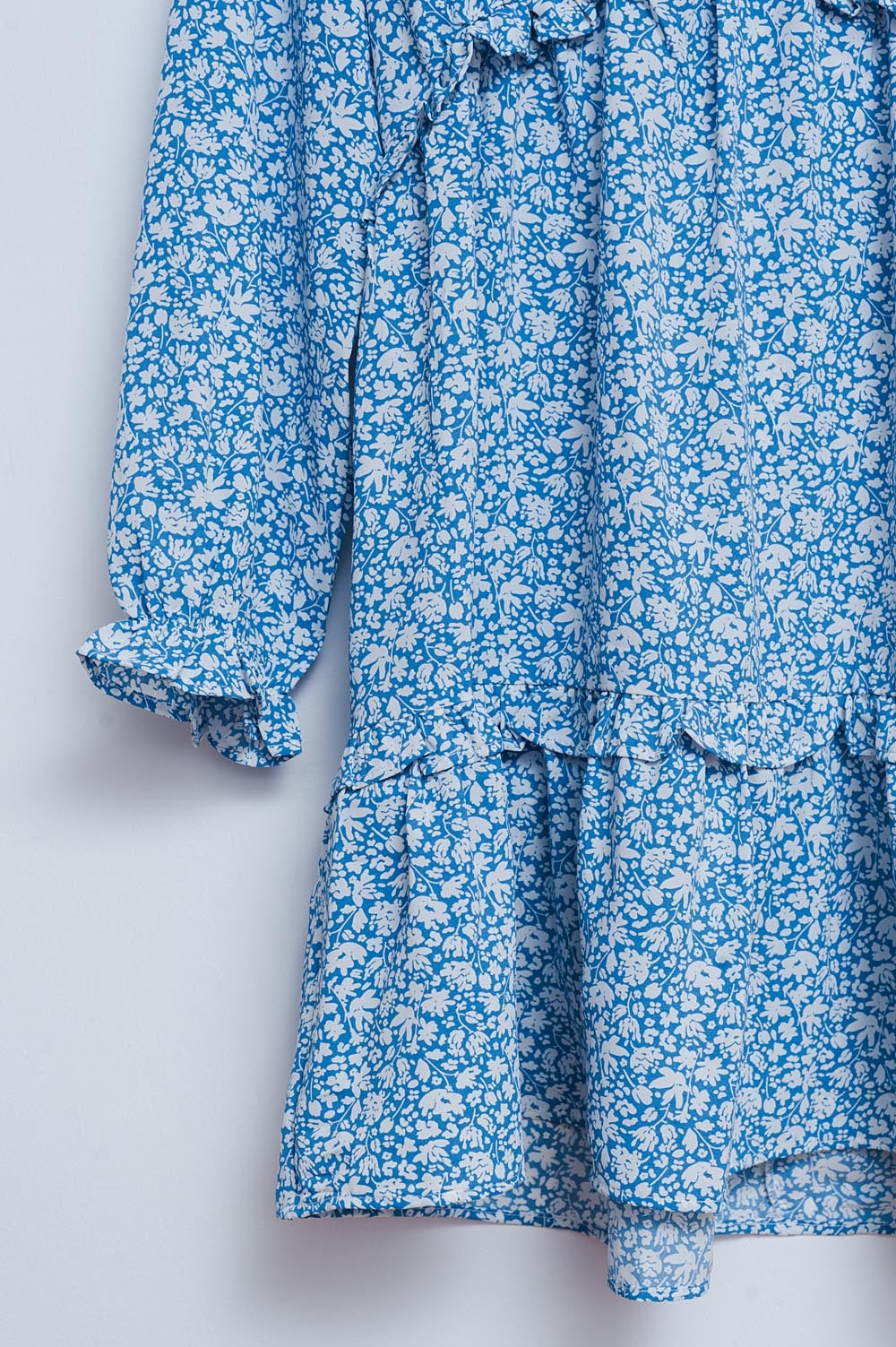 Open back mini tea dress in blue floral - Dresses