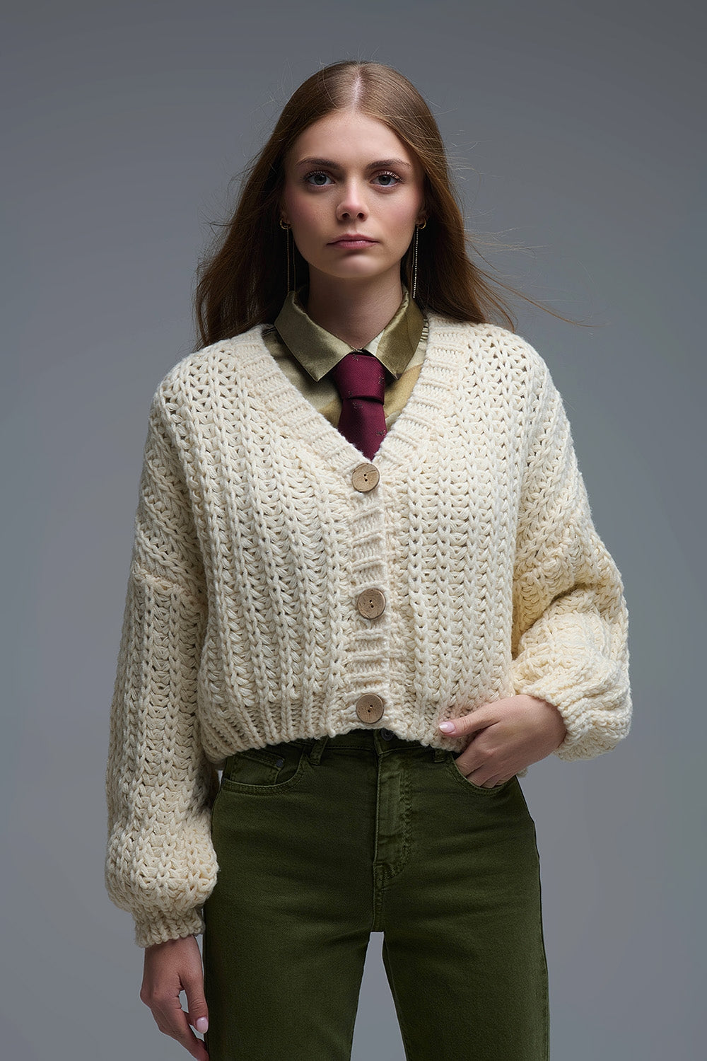 Open Knit Chunky Cardigan In beige - Coats and Jackets