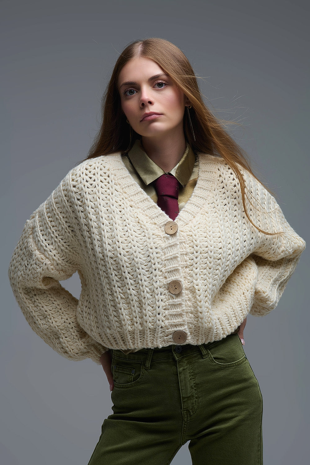 Open Knit Chunky Cardigan In beige - Coats and Jackets