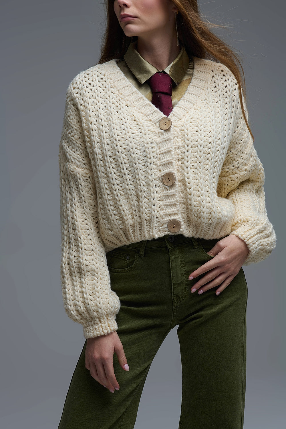 Open Knit Chunky Cardigan In beige - Coats and Jackets