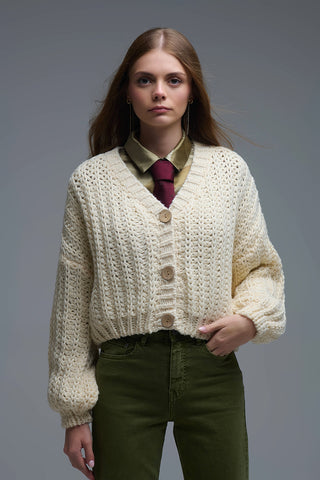 Open Knit Chunky Cardigan In beige