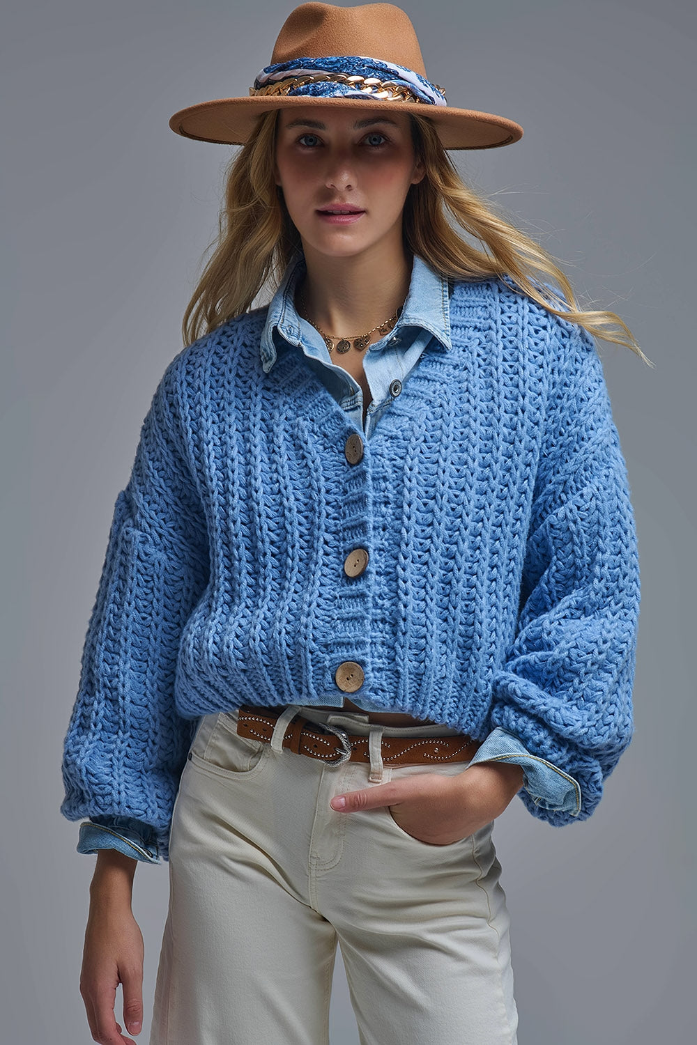 Open Knit Chunky Cardigan In blue - Coats and Jackets