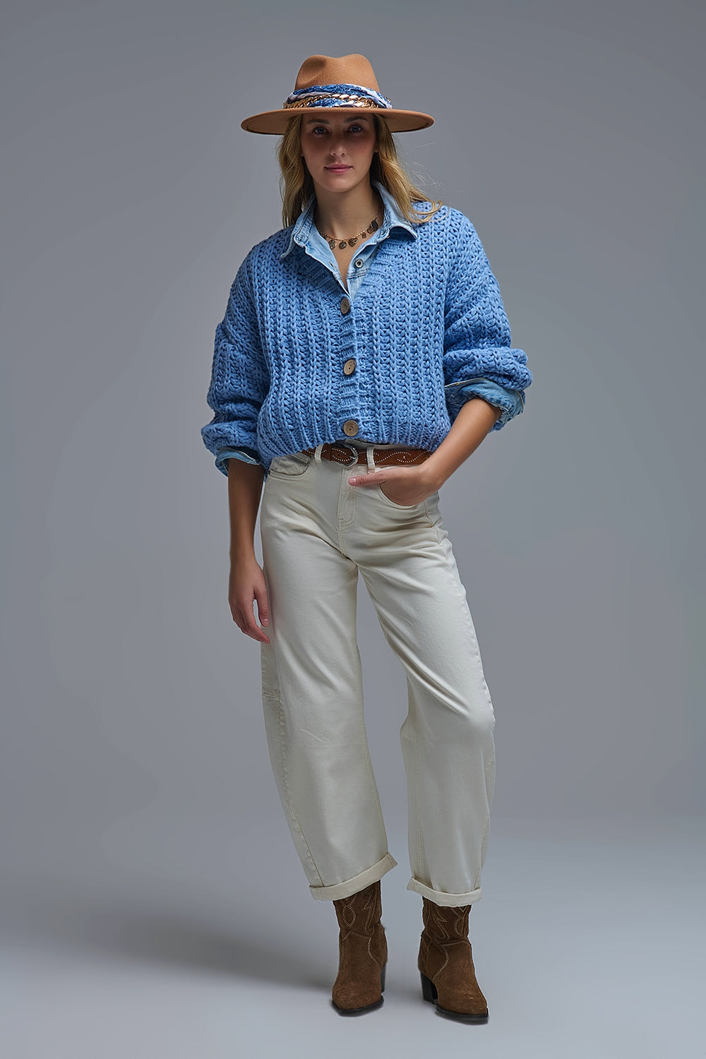 Open Knit Chunky Cardigan In blue - Coats and Jackets