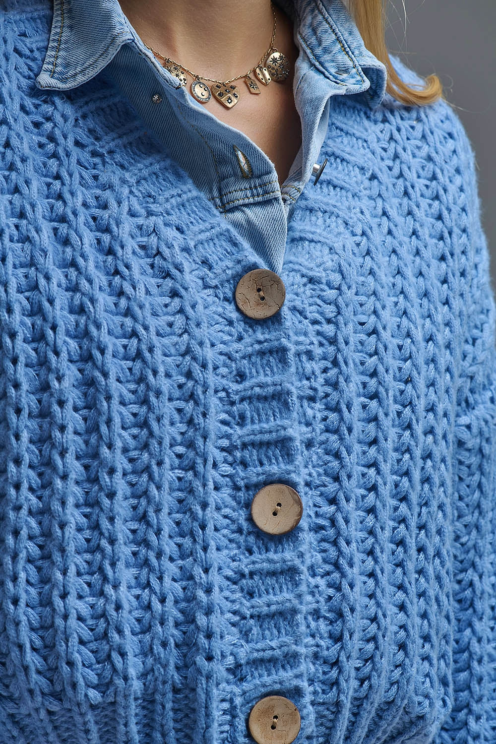 Open Knit Chunky Cardigan In blue - Coats and Jackets