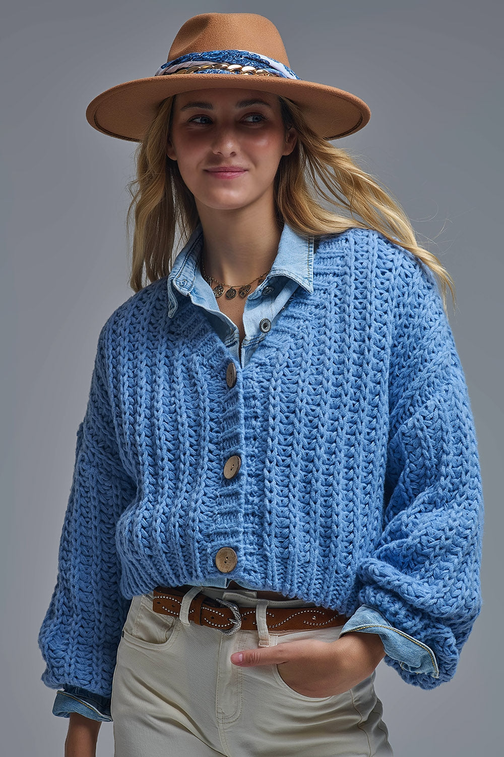 Open Knit Chunky Cardigan In blue - Coats and Jackets