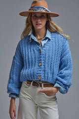 Open Knit Chunky Cardigan In blue