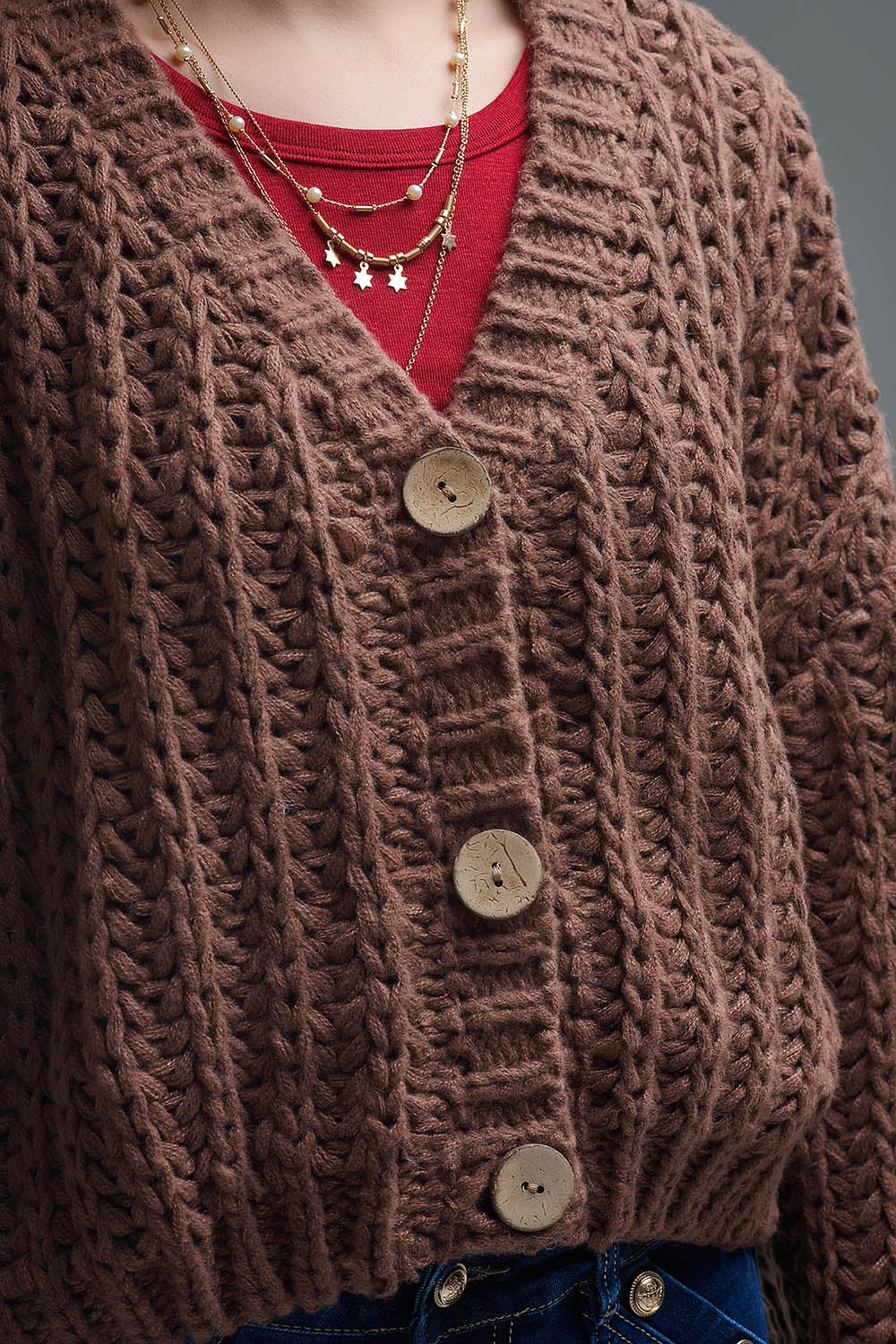 Open Knit Chunky Cardigan In Brown - Sweaters