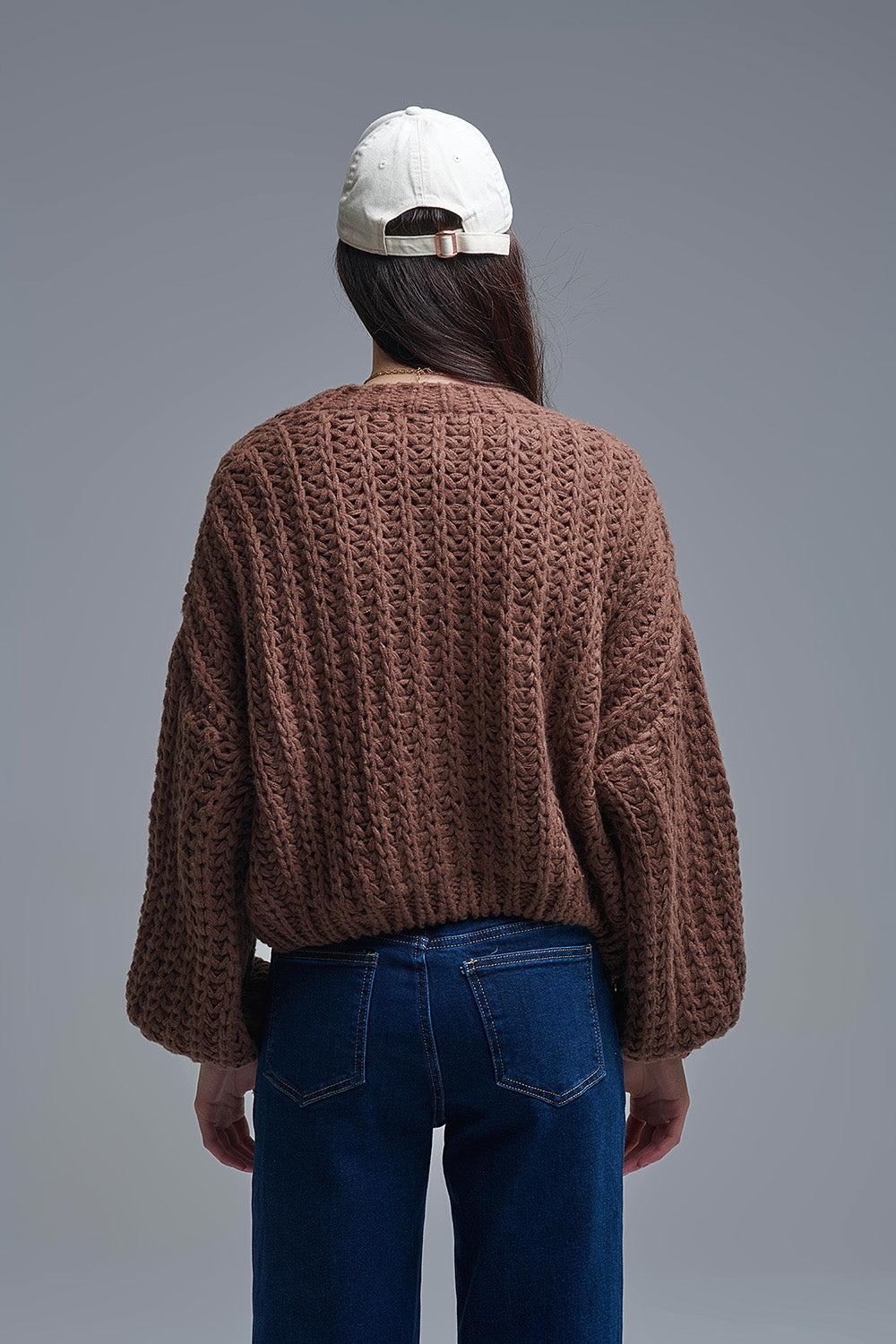 Open Knit Chunky Cardigan In Brown - Sweaters