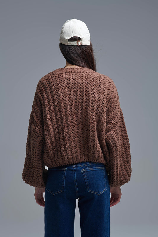Open Knit Chunky Cardigan In Brown - Sweaters