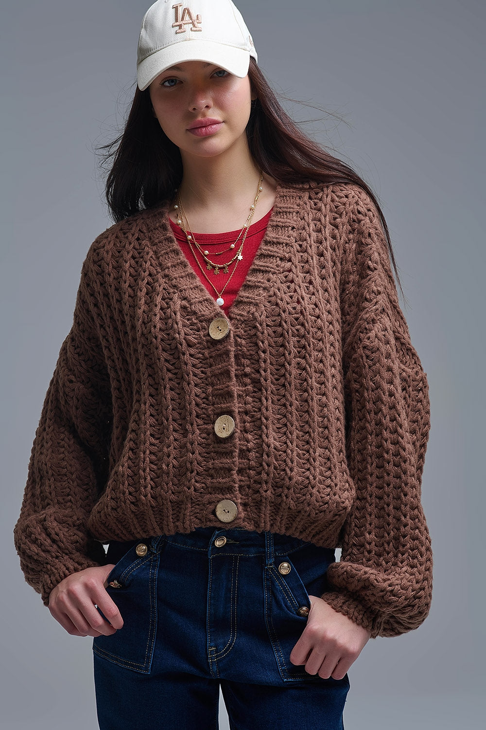 Open Knit Chunky Cardigan In Brown - Sweaters