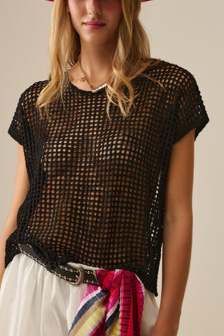 Haut à manches tombantes en tricot ouvert au crochet noir