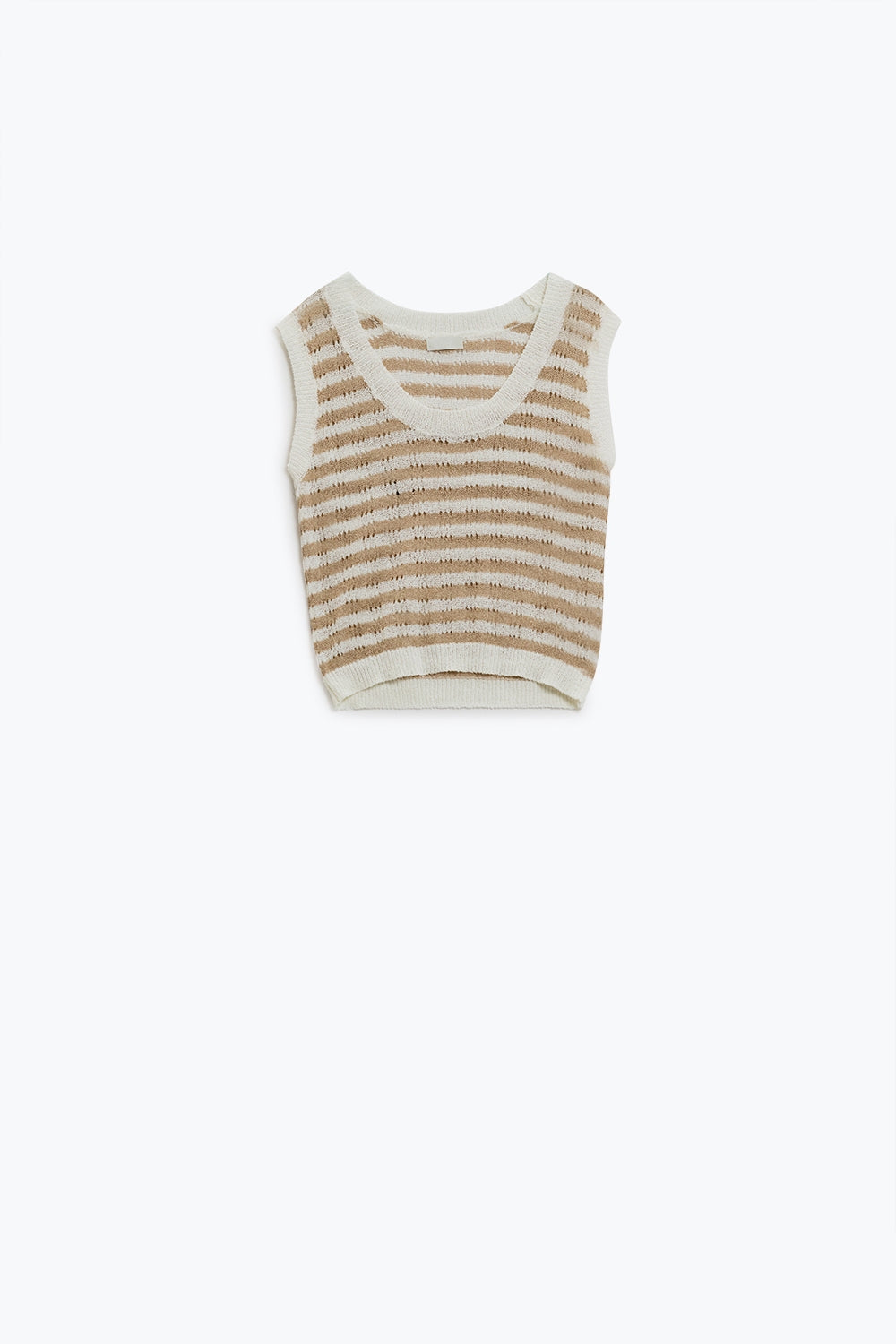 Open Knit Cropped Striped Sleeveless sweater in Brown and White - Jumpers
