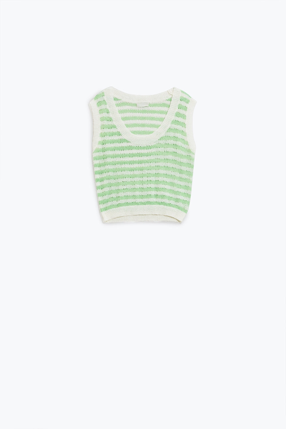 Open Knit Cropped Striped Sleeveless sweater in Green and White - Jumpers