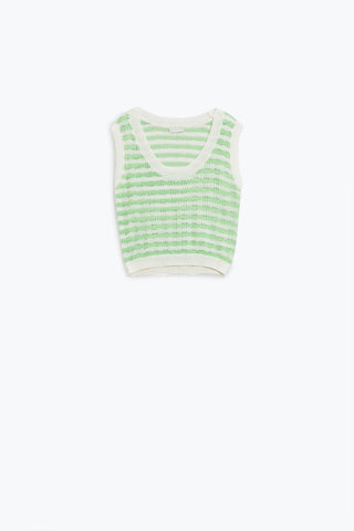 Open Knit Cropped Striped Sleeveless sweater in Green and White