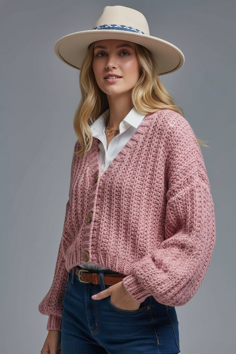 Open Knitted Chunky Cardigan in pink with relaxed sleeves - Coats and Jackets