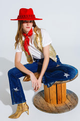 Colete Aberto Com Estrelas Bordadas Em Dourado