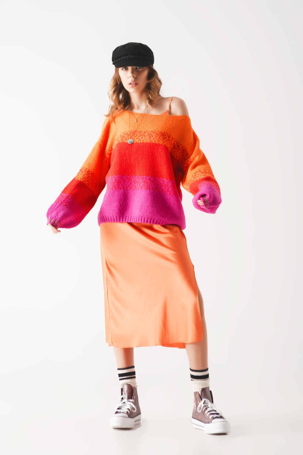 Orange knitted sweater with mélange stripes - Jumpers