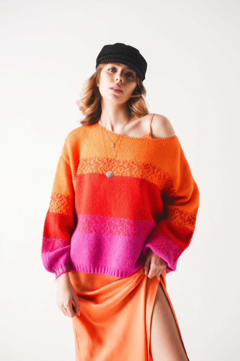 Orange knitted sweater with mélange stripes - Jumpers