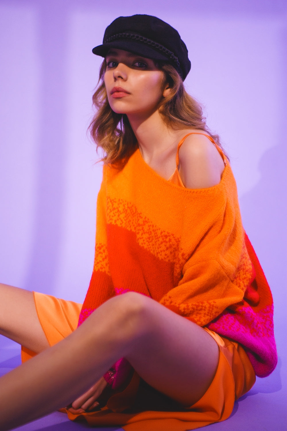 Orange knitted sweater with mélange stripes - Jumpers