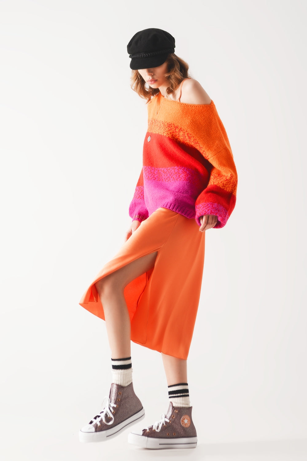 Orange knitted sweater with mélange stripes - Jumpers