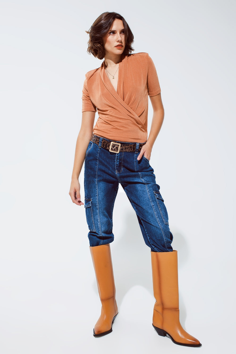 Orange shiny wrap short sleeve Vneck top - Tops
