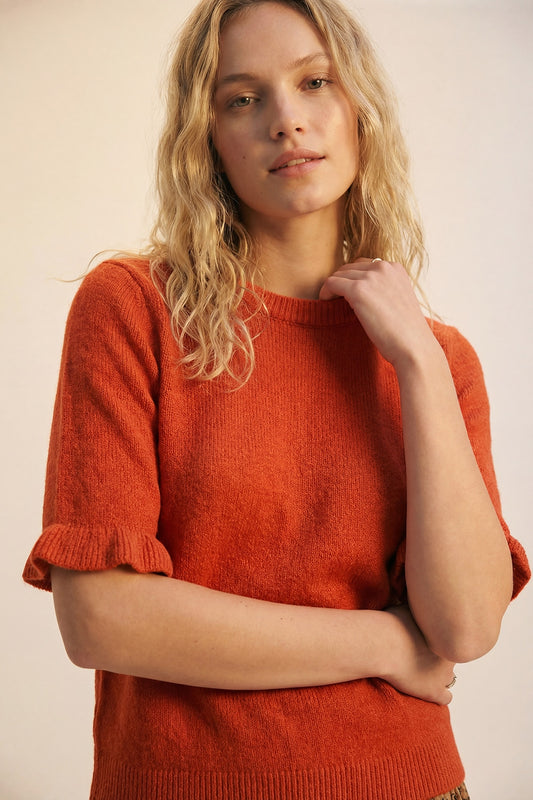 Orange Soft fluffy Knit sweater with Ruffled Sleeve Detail - Sweaters