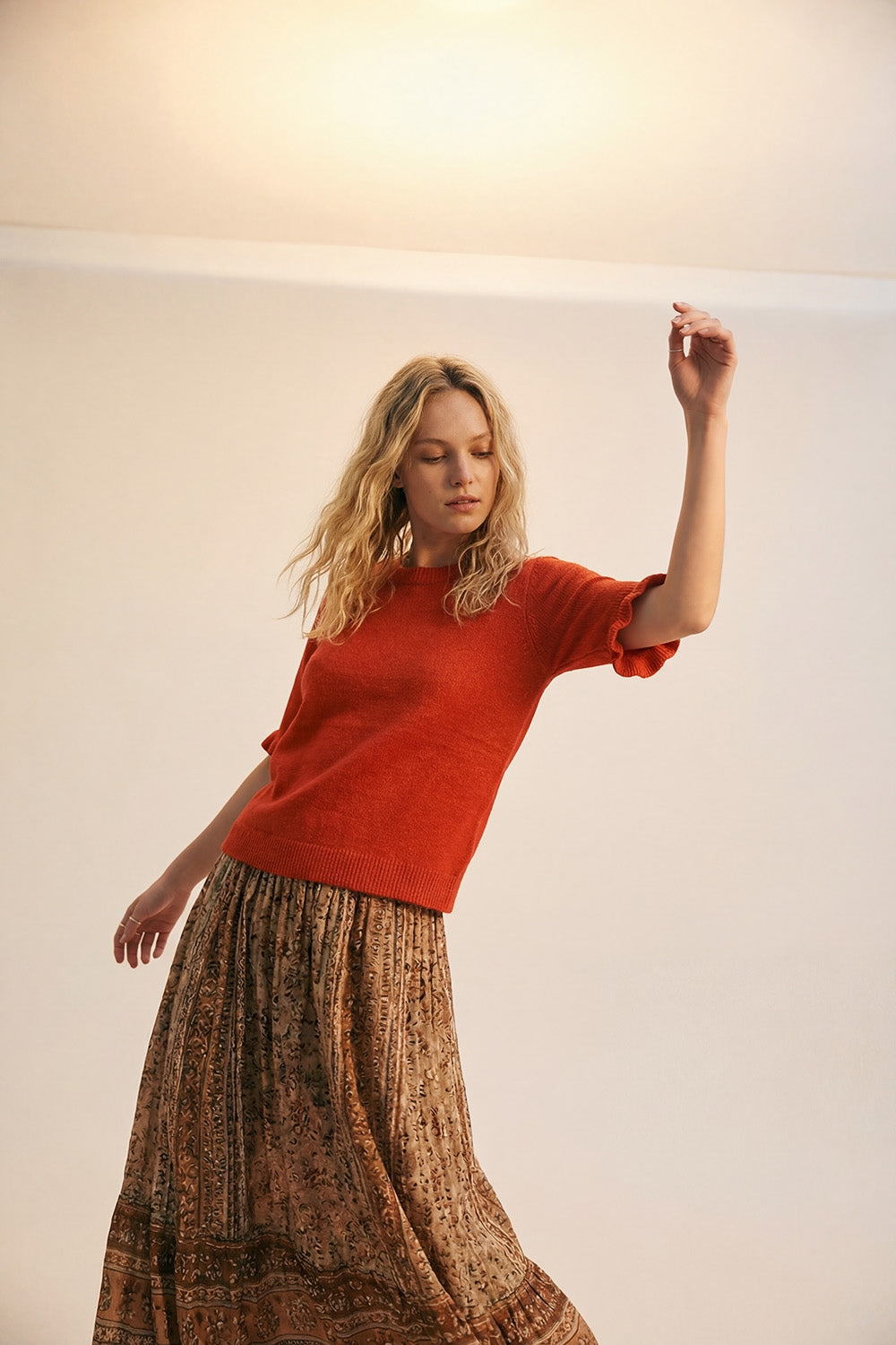 Orange Soft fluffy Knit sweater with Ruffled Sleeve Detail - Sweaters