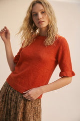 Orange Soft fluffy Knit sweater with Ruffled Sleeve Detail