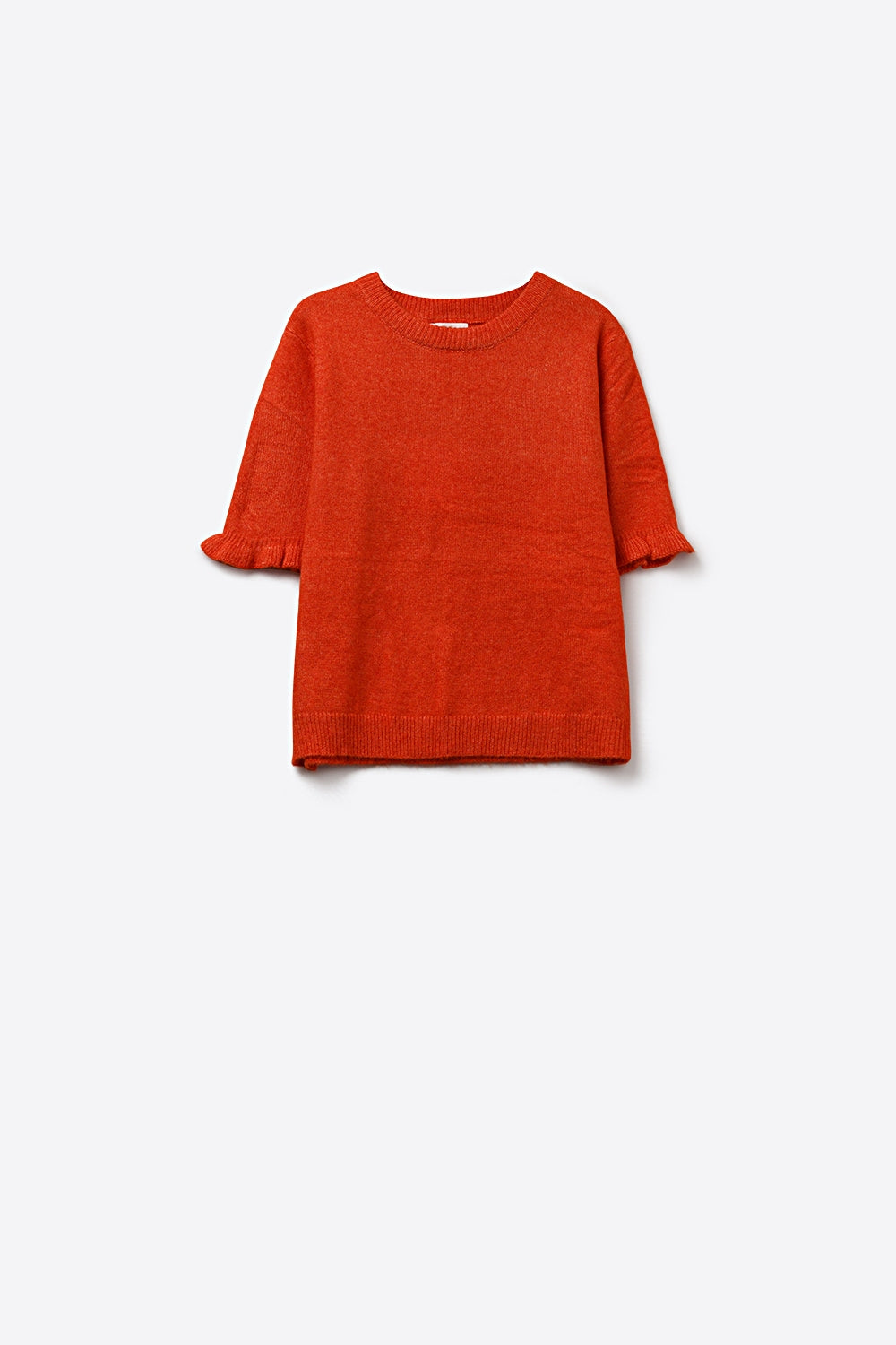 Orange Soft fluffy Knit sweater with Ruffled Sleeve Detail - Sweaters