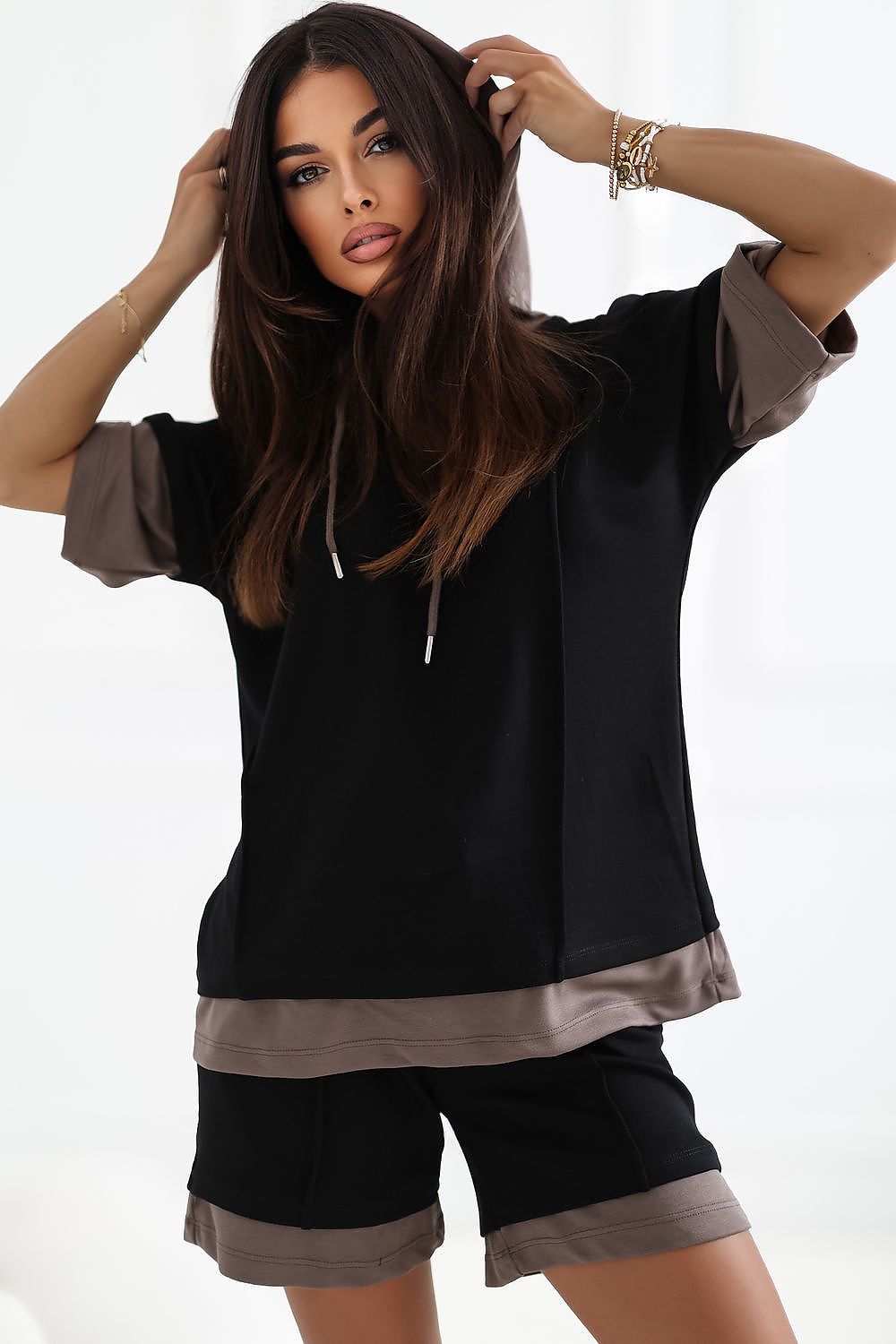 Rue Paris stylish black outfit set with a hoodie and matching shorts for a chic casual look