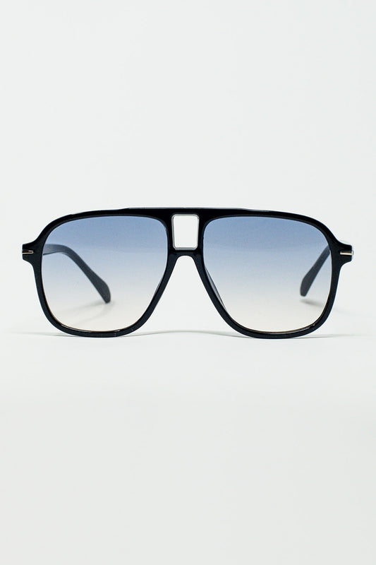 Oval Aviator Suglasses With Smoke blue Lens in Black - Sunglasses