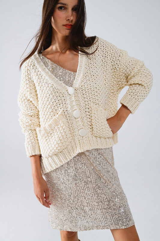 Oversized beige chunky knit jacket with pockets - Jumpers