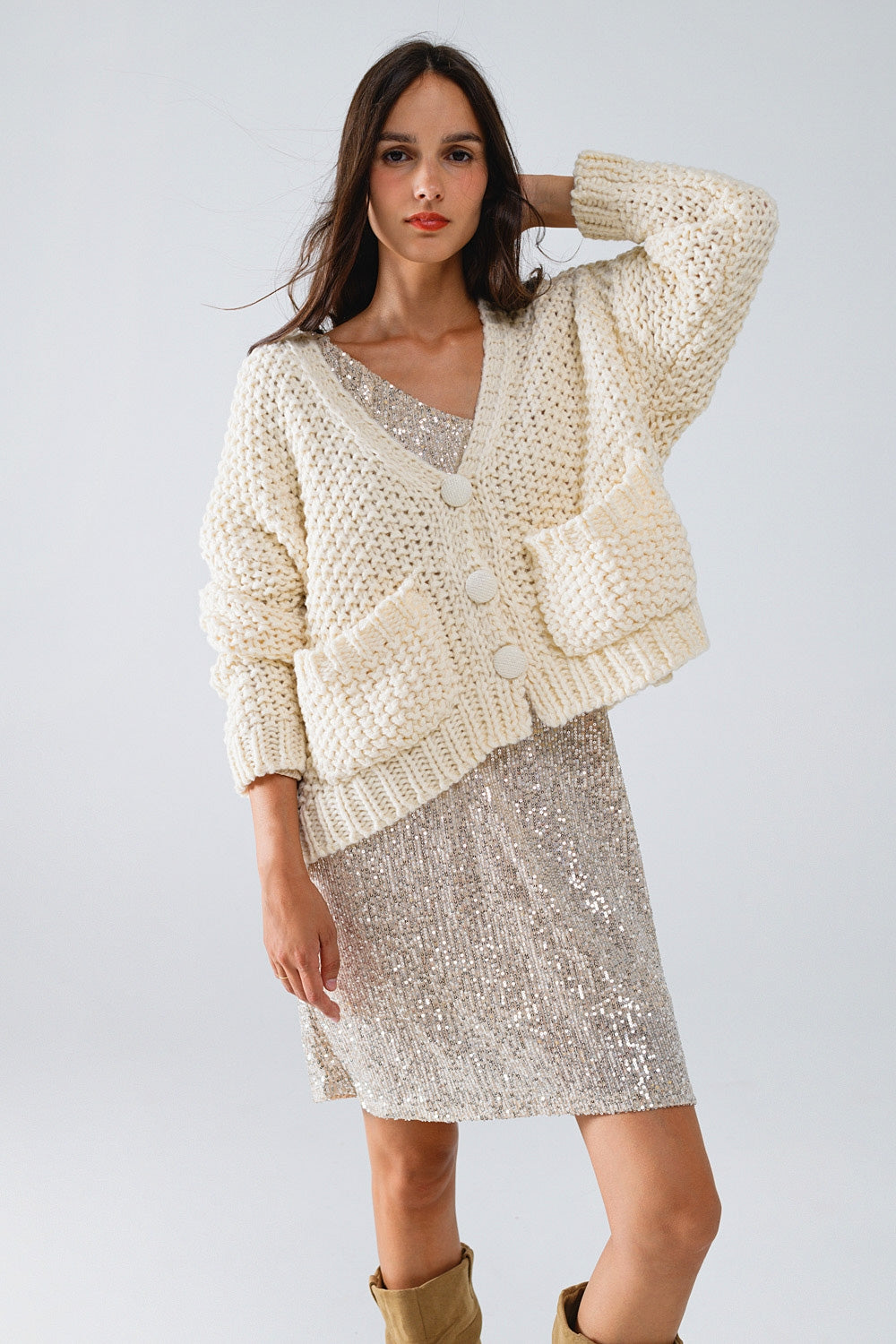 Oversized beige chunky knit jacket with pockets - Jumpers