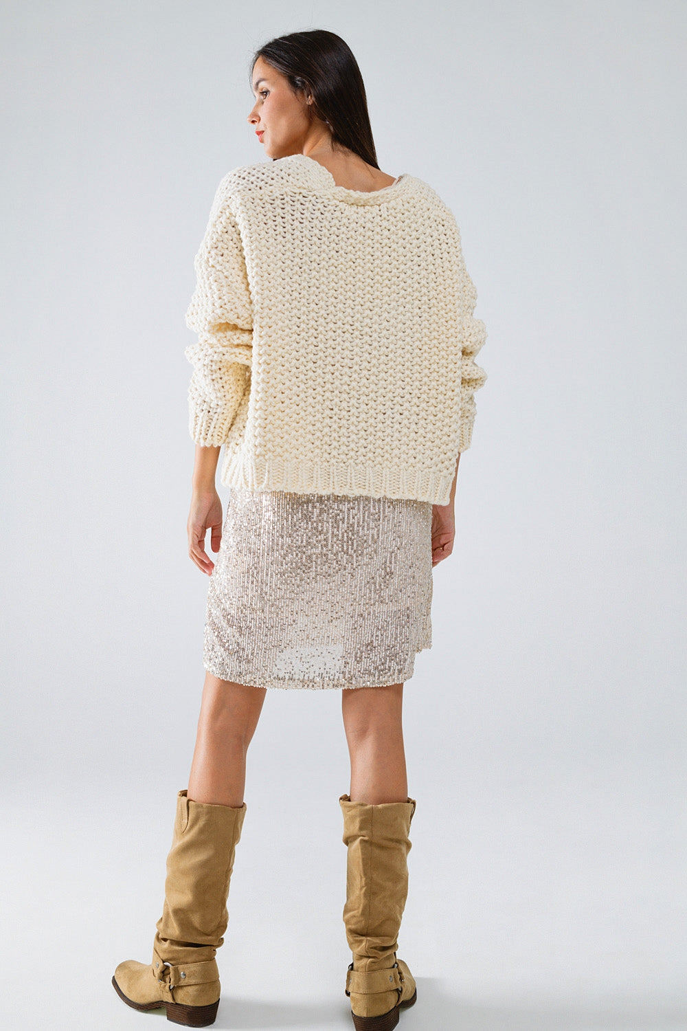 Oversized beige chunky knit jacket with pockets - Jumpers