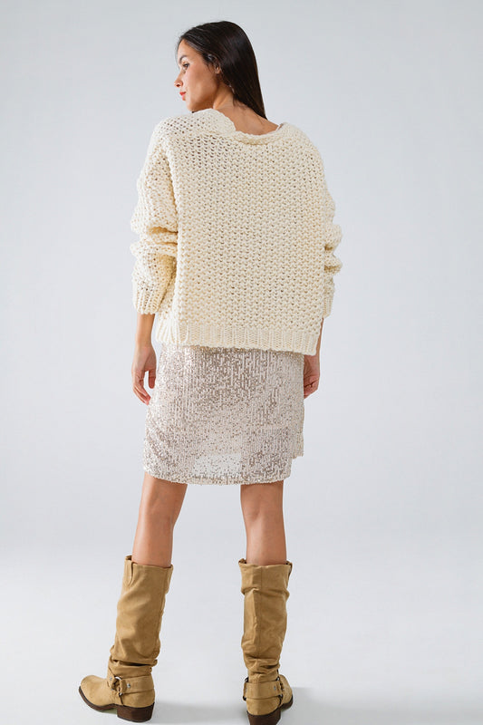 Oversized beige chunky knit jacket with pockets - Jumpers